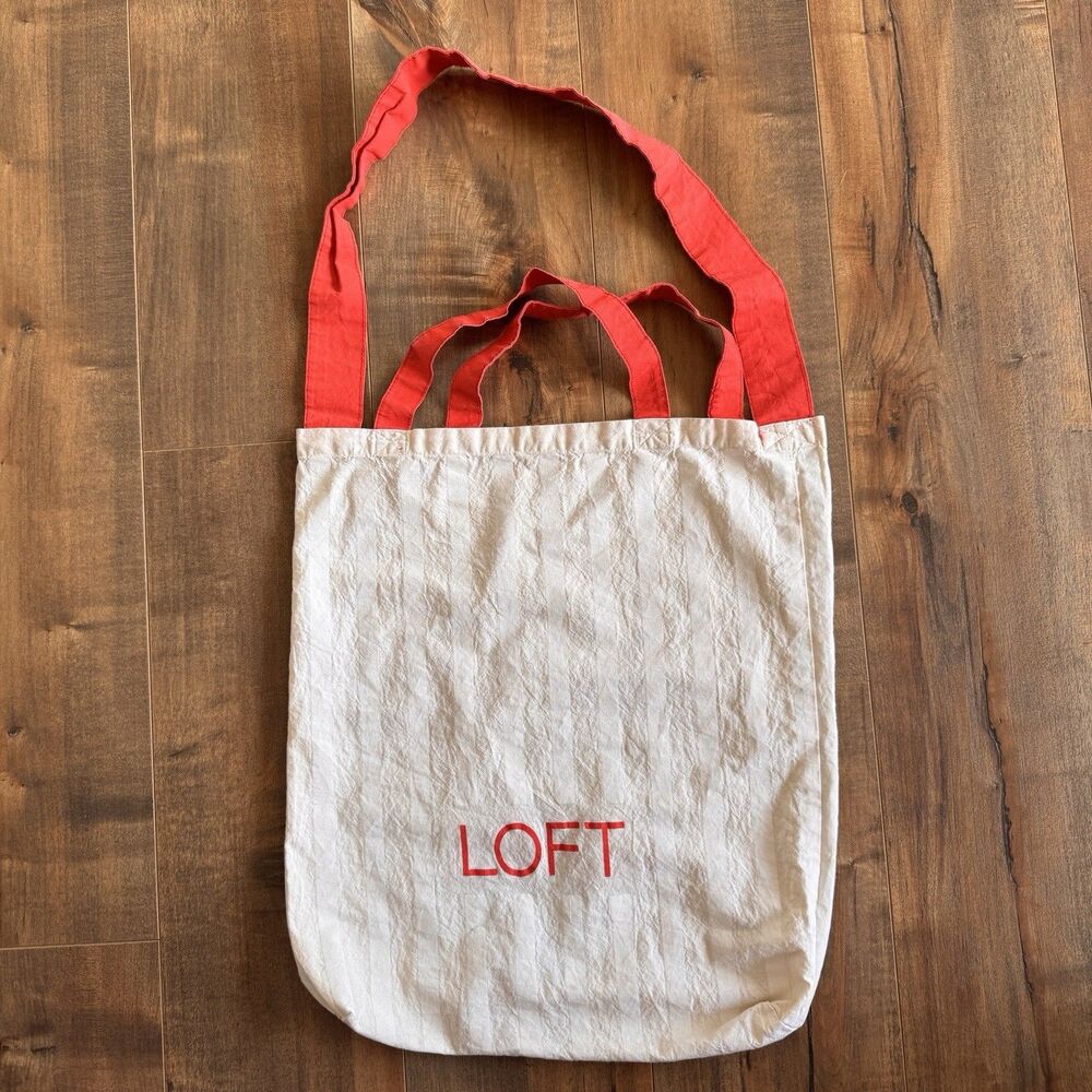 LOFT Cotton Tote Tan & White Stripe Orange Strap & Handles Made India 16”x14.5”